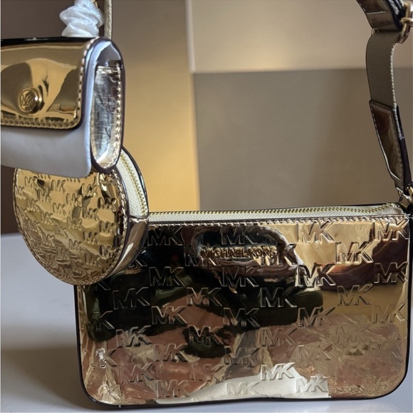 Michael Kors Handbags - Michael Kors Metallic Gold MK Embossed Crossbody with Coin Pouch